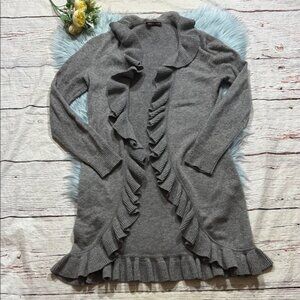 Adrienne Vittadini Cashmere Grey Ruffle Open Knit Cardigan Sweater sz S